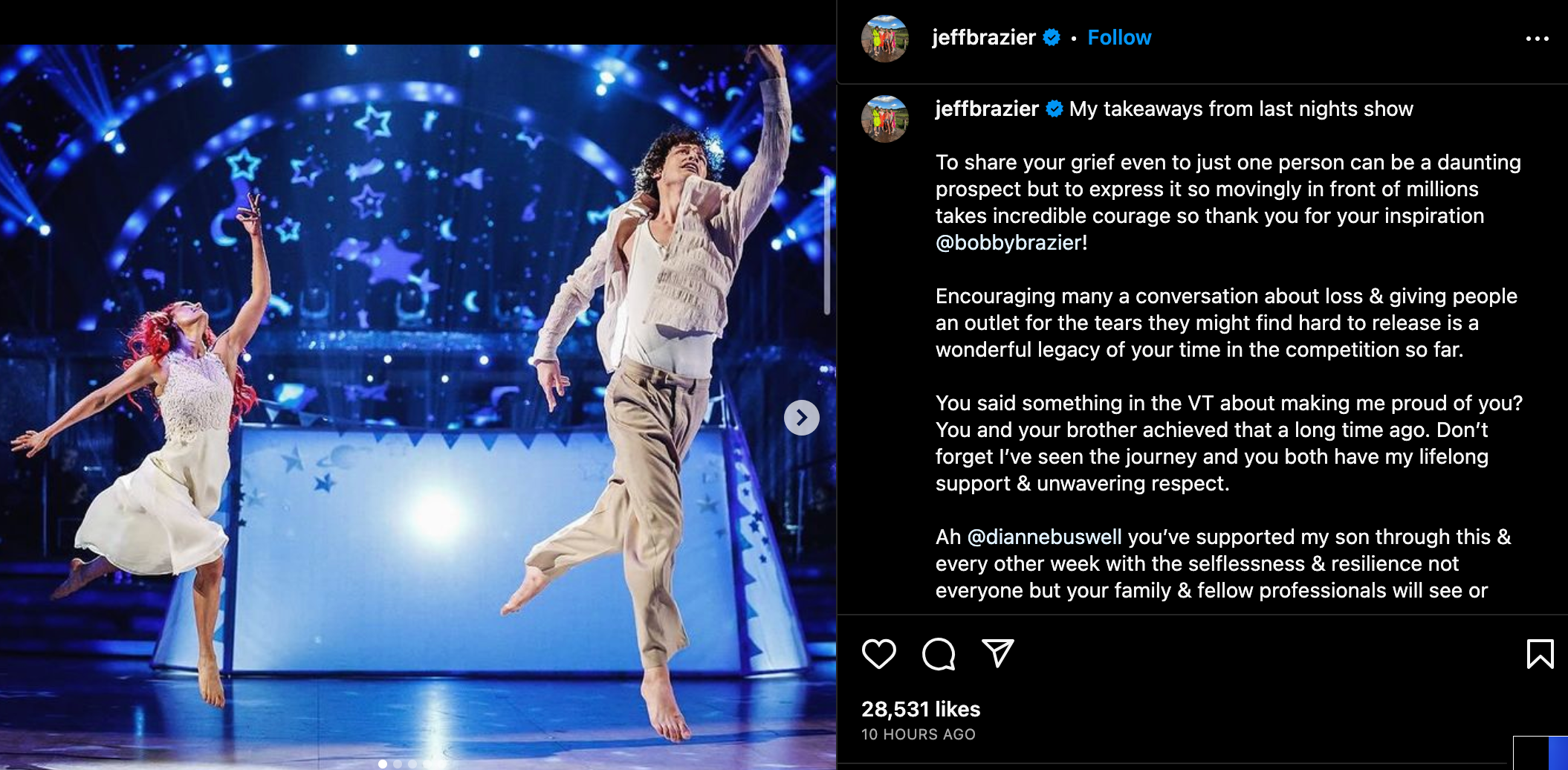 strictly come dancing, bobby brazier, dianne buswell, instagram, jade goody, bobby brazier’s dad makes emotional statement after strictly tribute dance for jade goody